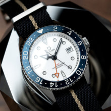 Load image into Gallery viewer, DIY Watch Kit | 42mm Blue GMT Dive Watch (white Sandwich Dial) | Seiko NH34 Automatic GMT | 24hr Blue Bezel (Stainless Steel) | DWC-D03