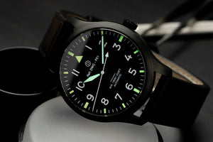 all black pilot lume shot - diy watch club - build your own watch - lume shot 