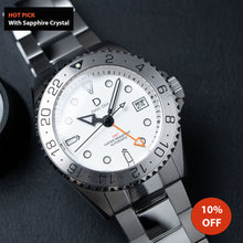 Load image into Gallery viewer, 42mm White Dial &quot;Explorer&quot; GMT Watch Kit | Stainless Stain Bracelet | Silver GMT Bezel | DWC-D03