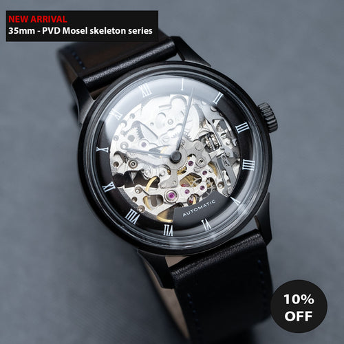 DIY Watchmaking Kit | 35mm Black Mosel series - Brunette Dial Skeleton dress watch w/ Miyota 8N24