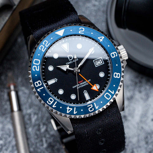 DIY Watch Kit | Blue GMT Dive Watch | Seiko NH34 Automatic GMT | 24hr Blue Bezel (Stainless Steel) | DWC-D03 
