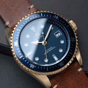 DIY Watch Kit | 42mm Blue Bronze Dive Watch w/ Brown Vintage Strap & Sandwich Dial (Seiko NH35) 