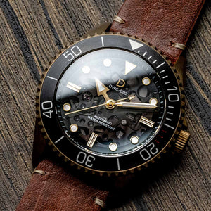 DIY Watchmaking Kit | Bronze Skeleton Dive Watch w/ Brown vintage Strap & Sapphire Dial (NH72) | DWC-D02S 