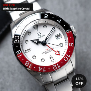White dial "Coke" Diver Dress GMT Watch Kit | Stainless Stain Bracelet | Ceramic Red-Black GMT Bezel | DWC-D03 