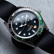 Load image into Gallery viewer, DIY Watch Kit | GMT Sprite Dive Watch | Seiko GMT movement | Aluminum-Steel Hybrid Green &amp; Black GMT Bezel | DWC-D03 