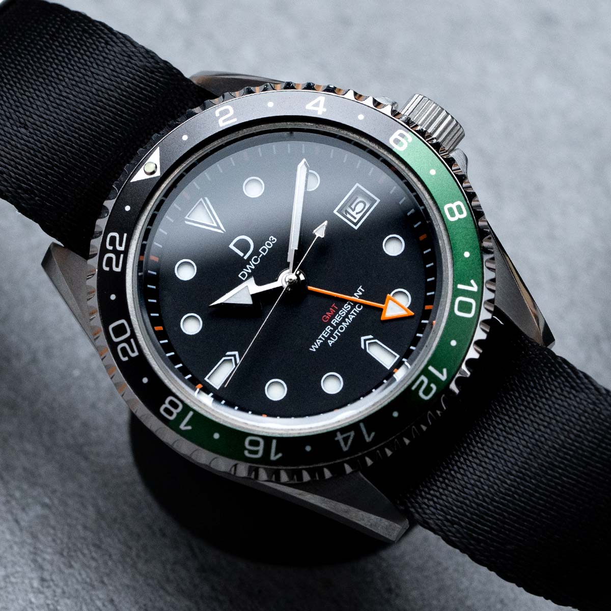 DIY Watch Kit | 42mm GMT Sprite Dive Watch | Seiko GMT movement |  Aluminum-Steel Hybrid Green & Black GMT Bezel | DWC-D03