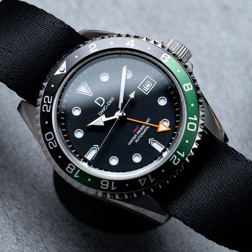 DIY Watch Kit | GMT Sprite Dive Watch | Seiko GMT movement | Aluminum-Steel Hybrid Green & Black GMT Bezel | DWC-D03 