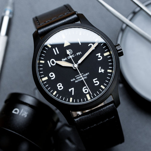 DIY Watchmaking Kit | PVD Black Pilot Watch - Vintage Lume + Black Leather Strap | F01 Lite 