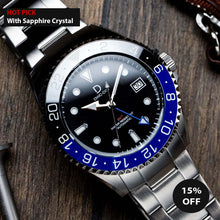Load image into Gallery viewer, &quot;Batman&quot; Diver Dress GMT Watch Kit | NH34 GMT Dive Watch | Stainless Stain Bracelet | Ceramic Blue-Black GMT Bezel | DWC-D03 
