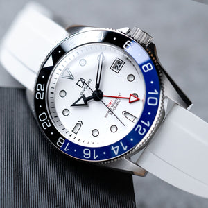 White dial "Batman" GMT Watch Kit | NH34 GMT Dive Watch | White FKM Rubber Band | Ceramic Blue-Black GMT Bezel | DWC-D03 