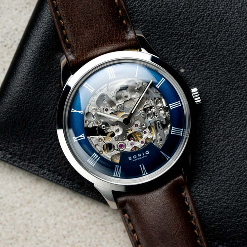 DIY Watchmaking Kit | 38.5mm Mosel series - Blue Dial Skeleton vintage dress watch w/ Miyota 8N24 & Dark Brown Leather Strap