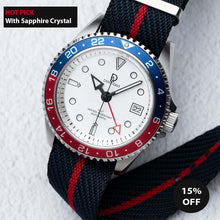 Load image into Gallery viewer, 42mm White Dial GMT Pepsi Dive Watch | Seiko GMT movement | Aluminum-Steel Hybrid Red &amp; Blue GMT Bezel | DWC-D03