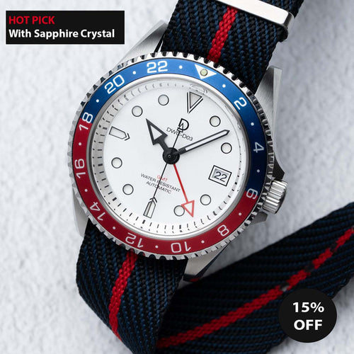42mm White Dial GMT Pepsi Dive Watch | Seiko GMT movement | Aluminum-Steel Hybrid Red & Blue GMT Bezel | DWC-D03