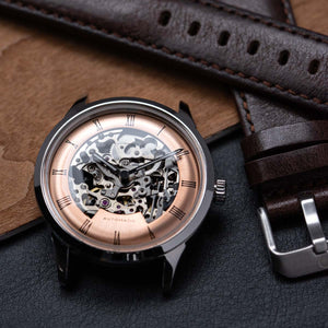 DIY腕錶組裝套裝 | Mosel系列 - 鮭紅色錶盤鏤空設計復古正裝腕錶 配銀色星辰8N24 