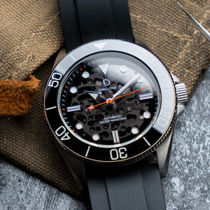 DIY Watchmaking Kit | NH72 Skeleton Dive Watch with Sapphire Dial & Black Ceramic Bezel Insert | DWC-D02S - orange second hand 