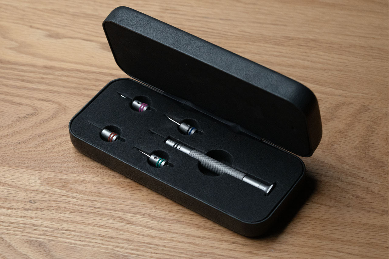 I.W. SUISSE 7-Piece Watchmaker Screwdriver Set With Oak Stand & Built-in Sharpener