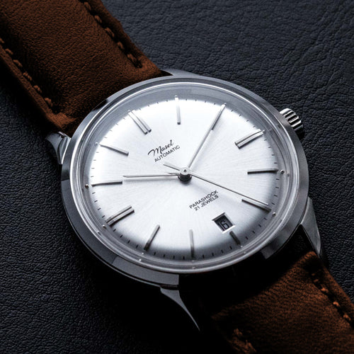 DIY Watchmaking Kit | 38.5mm Mosel with Date - Silver Vintage Dress Watch w/ Miyota 8215 or 8315 - Brown Strap