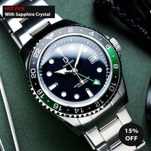 Load image into Gallery viewer, &quot;Sprite&quot; Diver Dress GMT Watch Kit | NH34 GMT Dive Watch | Stainless Stain Bracelet | Green-Black GMT Bezel | DWC-D03