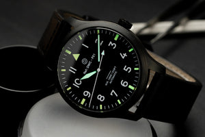 all black pilot lume shot - diy watch club - build your own watch