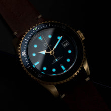 Load image into Gallery viewer, DIY Watch Kit | 42mm Blue Bronze Dive Watch w/ Brown Vintage Strap &amp; Sandwich Dial (Seiko NH35)