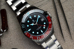 "Coke" Diver Dress GMT Watch Kit | Stainless Stain Bracelet | Ceramic Red-Black GMT Bezel | DWC-D03