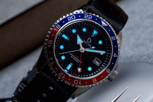 DIY Watch Kit | GMT Pepsi Dive Watch | Seiko GMT movement | Aluminum-Steel Hybrid Red & Blue GMT Bezel | DWC-D03 - lume shot with bgw9 lume 