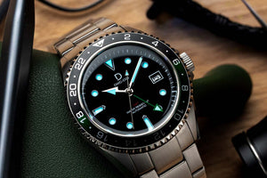 "Sprite" Diver Dress GMT Watch Kit | NH34 GMT Dive Watch | Stainless Stain Bracelet | Green-Black GMT Bezel | DWC-D03 - lume shot