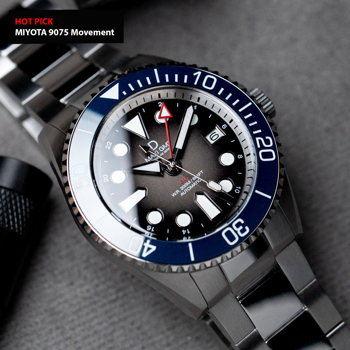 42mm Miyota 9075 GMT dive watch kit | MAXI GMT (Signature) Fumé