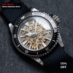 40mm Gun Silver Wave Skeleton Dive Watch Kit with Black Blue Fabric strap Seiko Gold NH71A with tools and video instructions