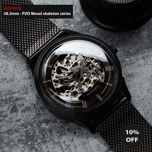 DIY Watchmaking Kit | Black Mosel - Brunette Skeleton vintage dress watch w/ Miyota 8N24