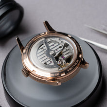 Load image into Gallery viewer, DIY Watchmaking Kit | 35mm Mosel - Black x Rose Gold Vintage Dress Watch w/ Miyota 82S0 or 8315 - case back
