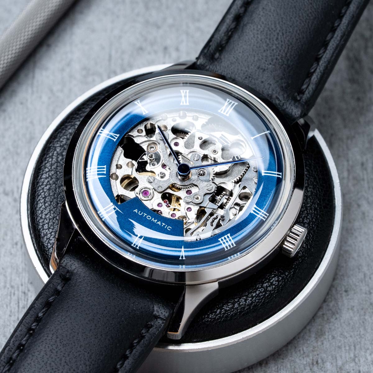 DIY Watchmaking Kit 38.5mm Mosel series Blue Dial Skeleton vintage dress watch w Miyota 8N24 Classic Black Leather Strap