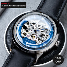 画像をギャラリービューアに読み込む, DIY Watchmaking Kit | 38.5mm Mosel series - Blue Dial Skeleton vintage dress watch w/ Miyota 8N24 &amp; Dark Brown Leather Strap 