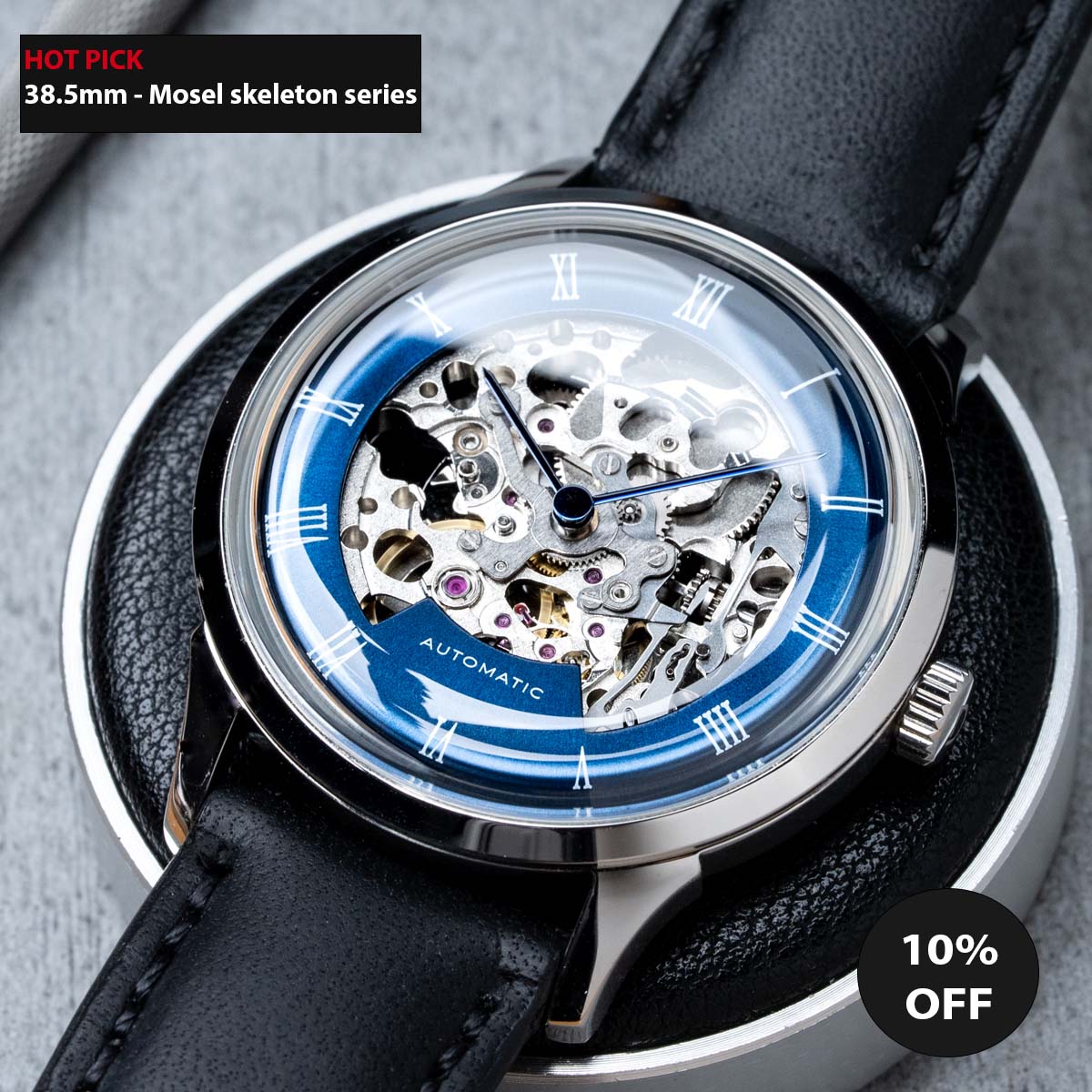 DIY Watchmaking Kit 38.5mm Mosel series Blue Dial Skeleton vintage dress watch w Miyota 8N24 Classic Black Leather Strap