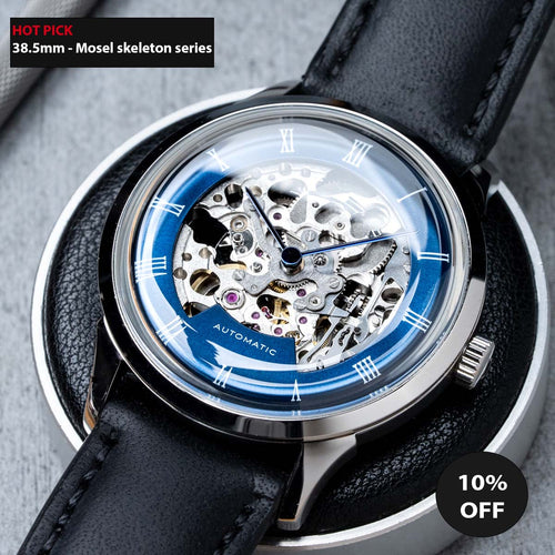 DIY Watchmaking Kit | 38.5mm Mosel series - Blue Dial Skeleton vintage dress watch w/ Miyota 8N24 & Dark Brown Leather Strap 