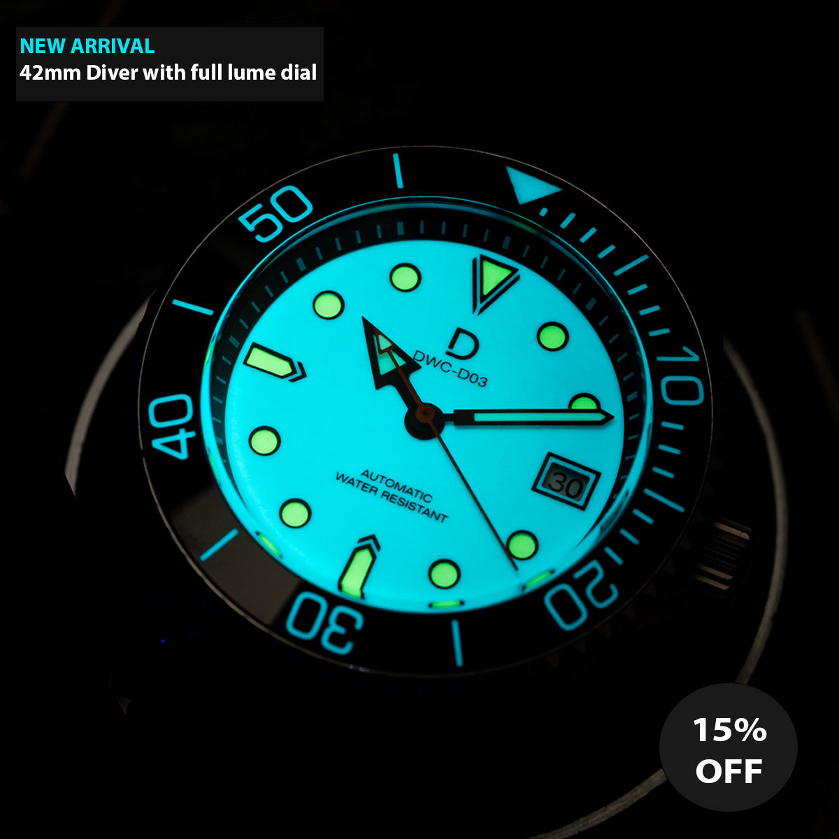42mm FULL LUME Dive Watch Kit BGW9 and C3 Full Lume Dial Sandwich DWC D03