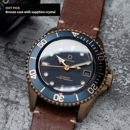 42mm Blue Bronze Dive Watch kit with Vintage Brown Strap | D03 Deep Blue Sandwich Dial with BGW9 SuperLume | Movement: Seiko Automatic