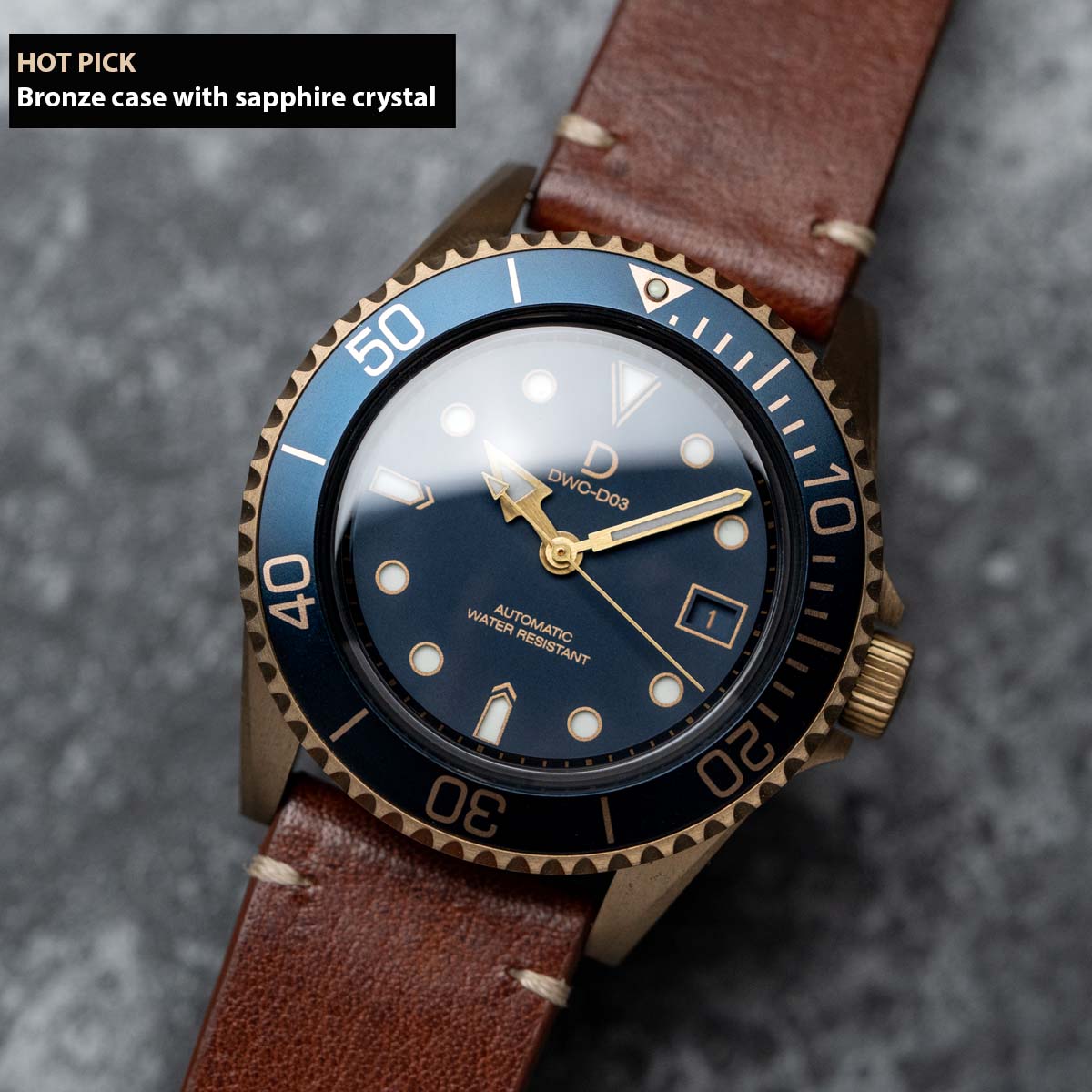 42mm Blue Bronze Dive Watch kit with Vintage Brown Strap D03