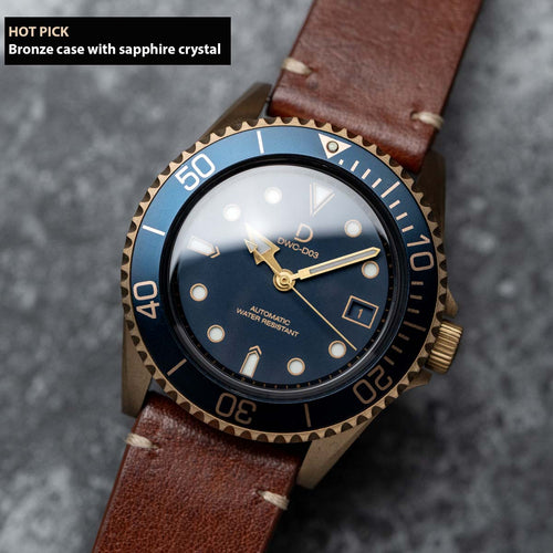 42mm Blue Bronze Dive Watch kit with Vintage Brown Strap | D03 Deep Blue Sandwich Dial with BGW9 SuperLume | Movement: Seiko Automatic
