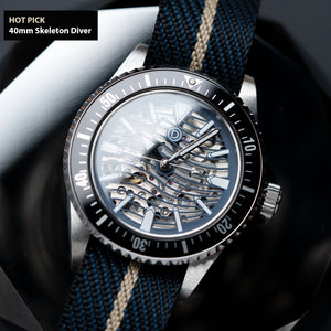 HOT PICK - 40mm Blue Wave Skeleton Dive Watch Kit with Nylon strap (Seiko Silver NH70A) with tools and video instructions
