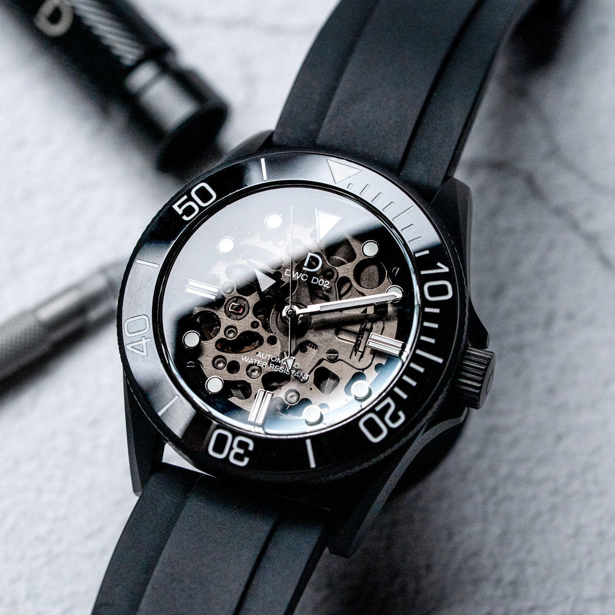 DIY Watchmaking Kit | 42mm PVD Black NH70 Dive Watch With Crystal Dial | DWC-D02S
