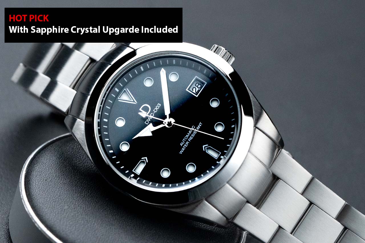 Explorer style dress watch kit with steel bracelet | D03 Black Sandwich Dial
