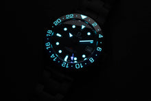 Load image into Gallery viewer, DIY Watchmaking Kit | NH34 GMT BATMAN Dive Watch | Automatic GMT Blue and Black | Ceramic Batman GMT | lume shot