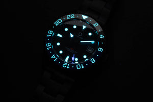 DIY Watchmaking Kit | NH34 GMT BATMAN Dive Watch | Automatic GMT Blue and Black | Ceramic Batman GMT | lume shot