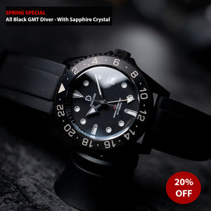 DIY Watch Kit | All Black GMT Diver | Seiko NH34 Automatic GMT | 24hr Stainless Steel PVD Bezel | DWC-D03 - watchmaking kit
