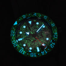 Load image into Gallery viewer, NEW ARRIVAL - 42mm Silver GMT Dive Watchmaking Kit with Forge Carbon Fiber Dial &amp; Bezel Insert | Seiko NH34 lume shot
