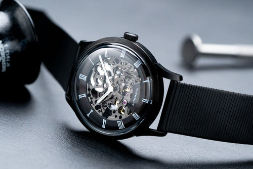DIY WATCH CLUB - black skeleton watch with Whiskey Black Wire Steel Bracelet from EONIQ