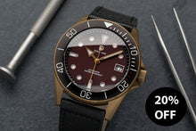 Load image into Gallery viewer, Brown / Red Bronze Dive Watch kit with Black Leather Strap | D03 Maroon Red Sandwich Dial with BGW9 SuperLume | Movement: Seiko Automatic