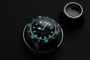 DIY Watch Club diver with a sapphire dial. Lume show showing the Japan Superlume BGW9. This diver is powered by Seiko NH72